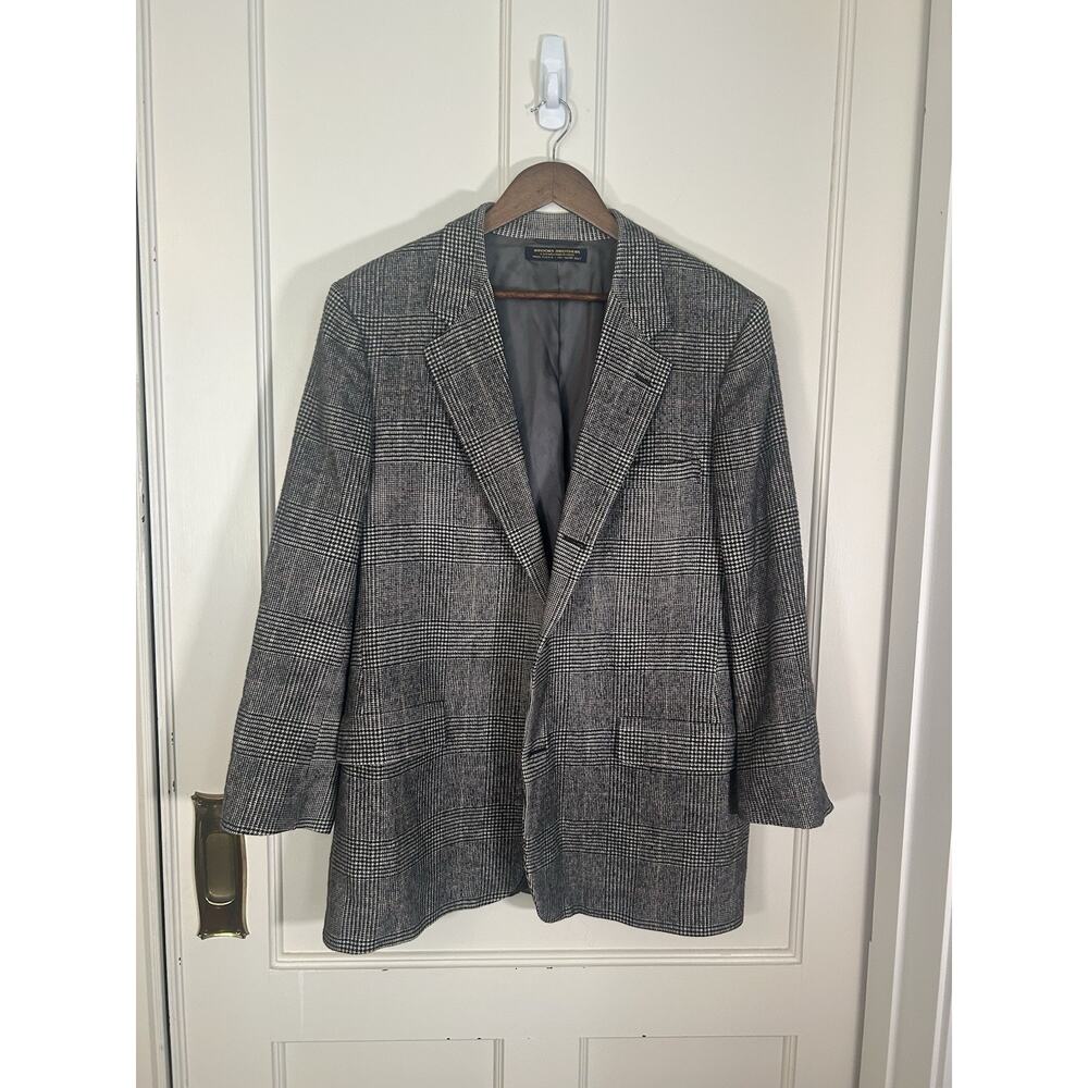 Vintage Brooks Brothers Plaid Camel Hair Blazer Mens Size 46L Black Gray Preppy